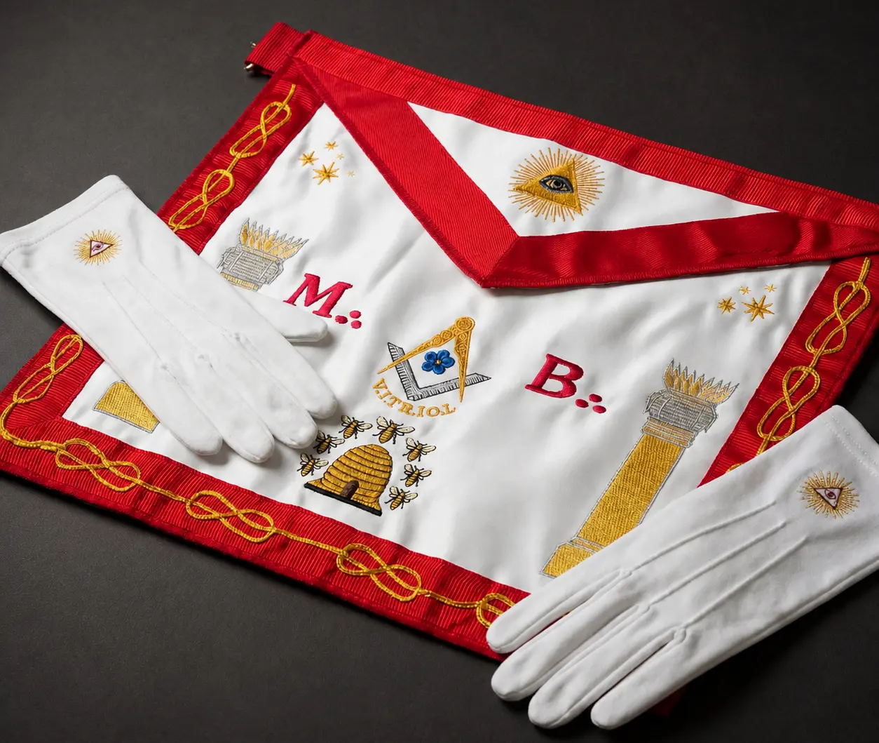 Tablier maçonnique artisanal REAA lacs d'amour ruche avec gants blancs delta lumineux